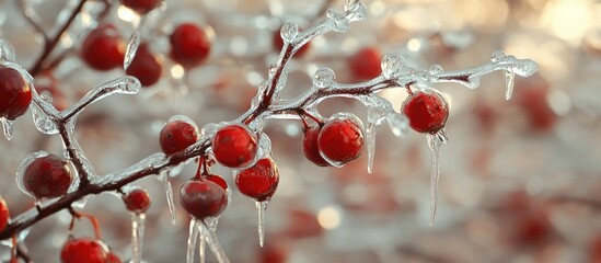 Poster - Nature trapped in ice following a storm Ice storm in Toronto ice droplets on branches Attractive backdrop shallow depth of field with copyspace Icicles on red berries