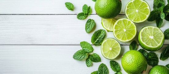 Leinwandbilder - Sliced and whole limes along with mint leaves on a white wooden table copy space selective focus