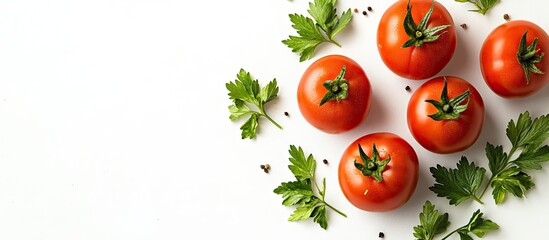 Poster - Tomatoes with parsley leaves featuring copy space for your text isolated on a white background Top view Flat lay