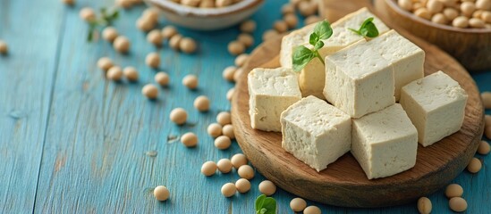 Leinwandbilder - Tofu cubes accompanied by soybeans on a blue kitchen table with copyspace