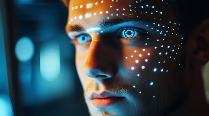 Close-up portrait of a young man with blue eyes and glowing white dots on his face, looking to the side.