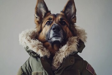 Wall Mural - Animated German shepherd dog wearing soldier costume for military army, funny moment, with Stock.