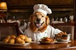 © Avve Diana  - Cute Golden retriever chef in costume ready for dinner in kitchen. Funny moment, ingredient for cooking, pet concept.