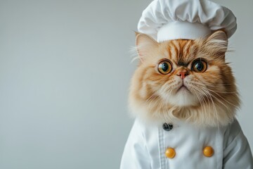 An adorable fluffy kitty Cat Chef dressed in costume, ready to cook for dinner. Funny moment, pet concept, and Stock.