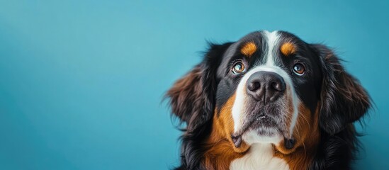 Poster - Selective focus vertical portrait of a beautiful yellow Bernese Mountain Dog mixed with a Pyrenean Mountain Dog resting against a simple blue background. with copy space image