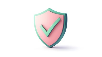 
cartoon 3d Icon safety shield green check mark perspective . pink symbol security safety icon. Green Checkmark in minimalistic style. 3d vector illustration. white background