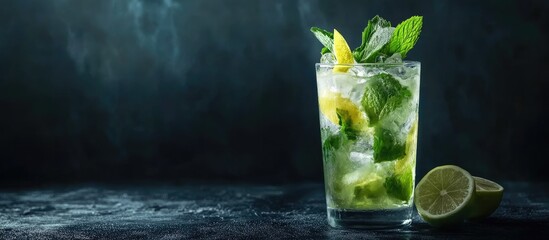 Poster - Mojito cocktail in a tumbler with lime mint and lemon set against a dark concrete background Prepare a mojito. with copy space image. Place for adding text or design