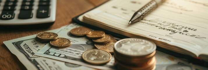 Aufkleber - A stack of cash and coins lies next to an open notebook filled with detailed notes and calculations, reflecting a moment of financial planning and organization. Generative AI