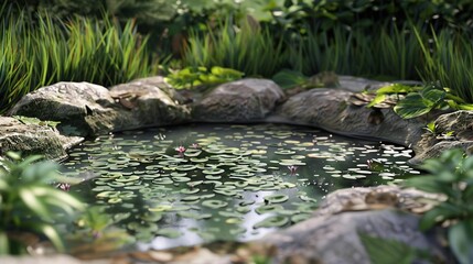 Sticker - Serene Pond with Lily Pads and Green Foliage - Realistic 3D Render