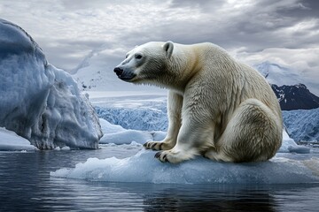 In this generative AI illustration, a white polar bear sits on a melting glacier in the Arctic sea, facing Global Warming. This concept can help us save the world from pollution and climate change.