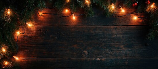 Poster - Overhead view of Christmas lights on a dark wooden table. with copy space image. Place for adding text or design