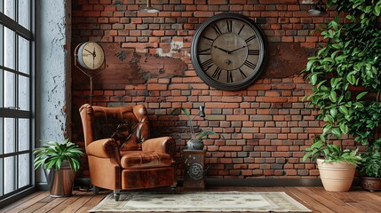 Wall Mural - Room wall concept brick and classic style clock armchair lamp and green plant botanic interior decor brown parquet and carpet : Generative AI