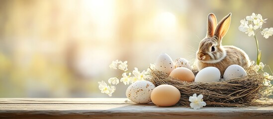 Poster - Easter card design featuring eggs a nest and a bunny on a wooden background with copyspace