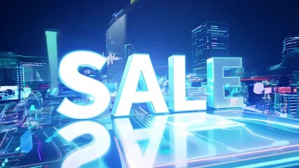 Poster - glowing futuristic sale sign in a high-tech holographic marketplace generative ai
