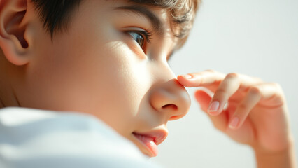 Wall Mural - Close up portrait of a boy touching his nose with his finger