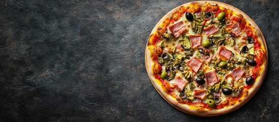 Aufkleber - Artichoke pizza with ham and olives as a fast food snack or appetizer on the table featuring copyspace rustic food background and a top view