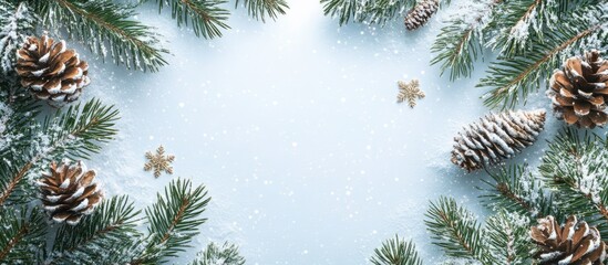 Poster - Winter background featuring Christmas pines and decorative snowflakes. with copy space image. Place for adding text or design