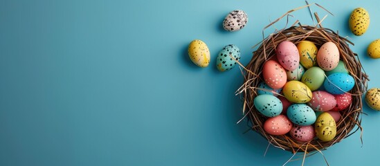 Poster - Metal basket filled with multicolored painted Easter eggs on a blue paper background Flat lay top view with copyspace Banner for greetings Concept design