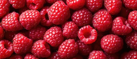 Canvas Print - Raspberries Fresh juicy raspberries on a vibrant background Close up. with copy space image. Place for adding text or design