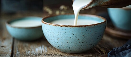 Poster - Pouring milk into a clay cup on a light blue wooden table with room for text. with copy space image. Place for adding text or design