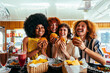 © oneinchpunch - Multiethnic group of friends having meal at 80s vintage diner restaurant - Multiracial young people bonding and having fun, eating in an american fast food burger house