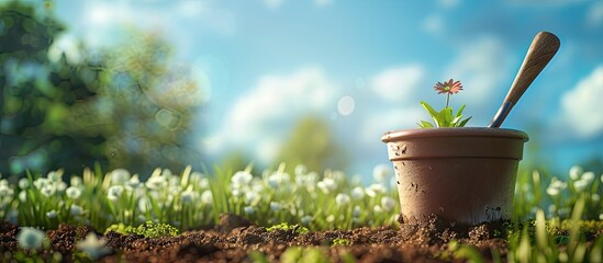 Aufkleber - An empty flowerpot and a blue shovel resting in fresh green grass under a bright blue sky in the garden spring potting hobby concept background colorful copy space