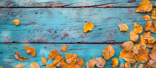 Wall Mural - Autumn leaves border the left side of a blue structured background from a top view Fall Border features yellow and orange leaves creating a vintage background table with copy space Ideal for your des