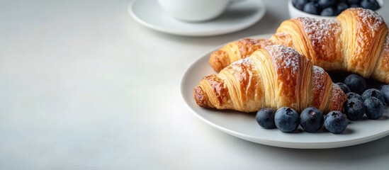 Poster - Blueberry Danish Croissant on a white table served at the cafe. with copy space image. Place for adding text or design