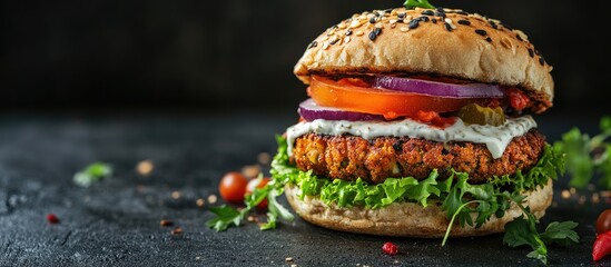 Poster - Falafel and fresh vegetable burger Vegan cheeseburger featuring roasted falafel a traditional Israeli dish served with yogurt sauce copy space