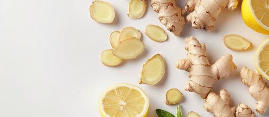 Wall Mural - Fresh ginger and lemon on a white background Flat lay top view copy space Seasoning spice ingredient for tea