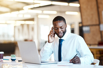 Wall Mural - Black man, phone call and laptop as accountant, employee or manager in finance company. Male person, tech and notes for investment opportunity, project and portfolio for taxes or business development