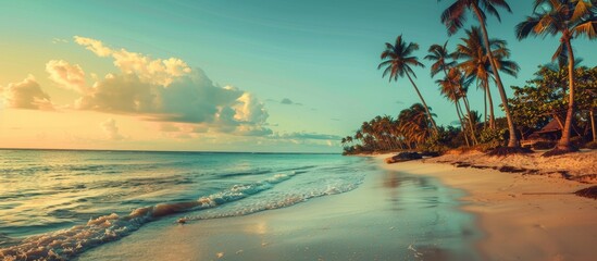 Aufkleber - Tropical beach featuring palm trees and the sea at sunset serving as a vintage style background for summer beach vacations. with copy space image. Place for adding text or design