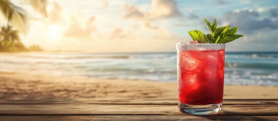 Leinwandbilder - Red cocktail with copy space on it Cold red cocktail featuring mint sugar and salt placed on a beach club bar table Photo of the red cocktail captured against a simple wooden background