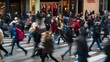 © Felippe Lopes - A diverse crowd rushes past storefronts on a busy shopping day.