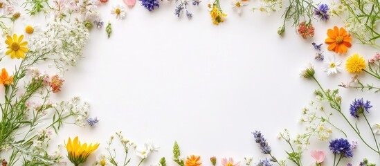 Wall Mural - Round frame composed of wildflowers with a text area on a white background Flat lay top view. with copy space image. Place for adding text or design