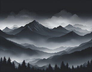 Wall Mural - Black Misty forest multiple mountains background