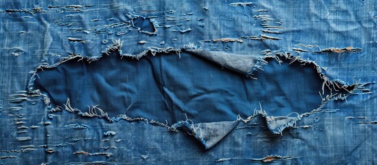 blue old denim background featuring a torn patch in the center used as a backdrop. with copy space image. Place for adding text or design