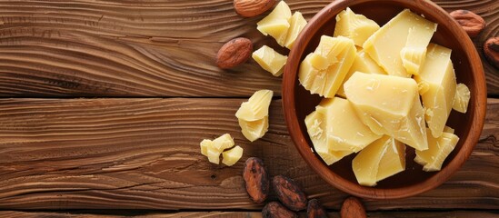 Aufkleber - Flat lay arrangement featuring organic cocoa butter on a wooden table Room for text. with copy space image. Place for adding text or design