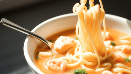 Poster - Closeup of a bowl of creamy tomato soup with pasta and shrimp