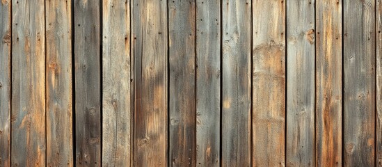 Leinwandbilder - Close up of an aged vintage weathered gray brown unpainted solid wooden fence or gate made of planks and boards Ecological texture with vertical copy space and a sunny crackled background