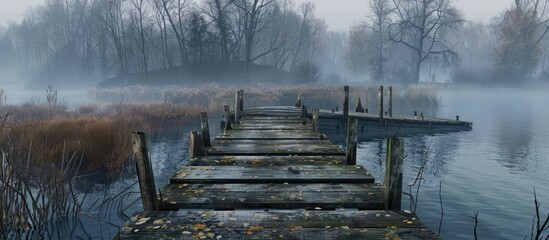 Canvas Print - Abandoned wooden footbridge over a lake in the morning. with copy space image. Place for adding text or design