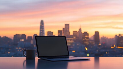 Wall Mural - A Laptop Computer on a Desk with a Blurry Cityscape and a Sunset in the Background