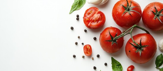 Canvas Print - Raw ingredients for tomato sauce on a white background. with copy space image. Place for adding text or design