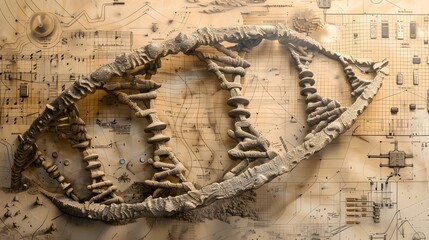 Wall Mural - Abstract DNA Structure on Vintage Blueprint.