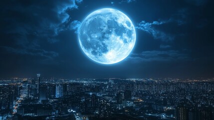 a large blue moon is in the sky above a city. the city is lit up with lights, creating a beautiful a