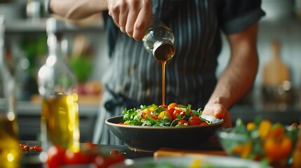 professional chefcook gently pour the sauce on the salad in the kitchen cropped man in apron make vegetarian salad dish for restaurant visitors : Generative AI