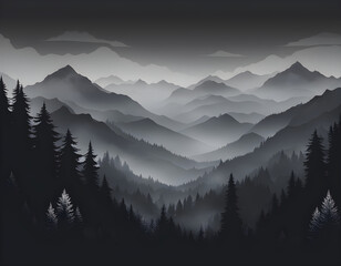 Wall Mural - Black Misty forest multiple mountains background