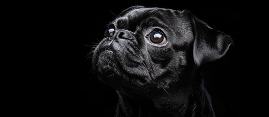 Poster - Charming black pug set against a black background Studio pet portrait. with copy space image. Place for adding text or design