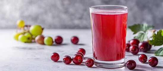 Poster - Delicious gooseberry juice in a glass with fresh berries on a light table Area for text. with copy space image. Place for adding text or design