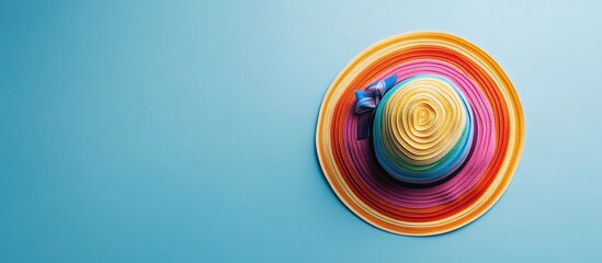 Poster - Summer backdrop A striped hat featuring all the colors of the rainbow set against a light blue background Top view close up horizontal Summer theme Copyspace